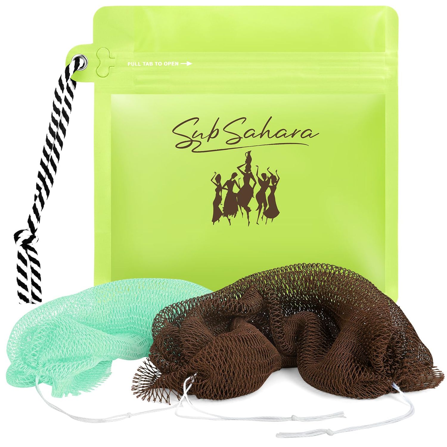 SubSahara African Net Sponge Authentic - 2 Pieces Exfoliating Scrubber for All Skin Types, Ideal for Face &amp; Body Daily Use, Durable, Gentle Exfoliation (Green &amp; Brown)