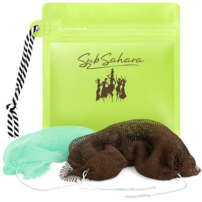 SubSahara African Net Sponge Authentic - 2 Pieces Exfoliating Scrubber for All Skin Types, Ideal for Face &amp; Body Daily Use, Durable, Gentle Exfoliation (Green &amp; Brown)