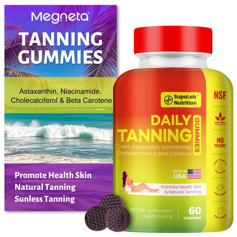 MEGNETA Tanning Gummies for Women Men - Natural Self Tanner Supplement with Astaxanthin, Beta Carotene, Lycopene, Zinc Citrate &amp; Vitamins, Sunless Tan Booster, Skin Hydration &amp; Glow (60 Count, Grape)