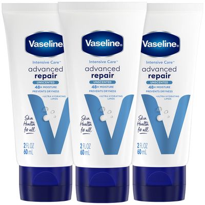 Vaseline Intensive Care Advanced Repair, Travel-Size 3-Pack - Fragrance-Free Body Lotion for Extremely Dry Skin, 2 Oz Ea