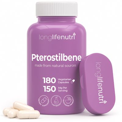 Pterostilbene Supplement 150mg, Elevate Cellular Energy, 180 Vegan Capsules, 3 Month Supply, Pure Organic Pterostilbene Extract, Made in USA, Non GMO, Clean Label, Easy Swallow Antioxidant Support