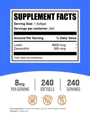 BulkSupplements.com Lutein with Zeaxanthin Softgels - Zeaxanthin Plus Lutein, Lutein and Zeaxanthin Supplements, Eye Vitamins - Gluten Free, 1 Softgel per Serving, 240 Softgels