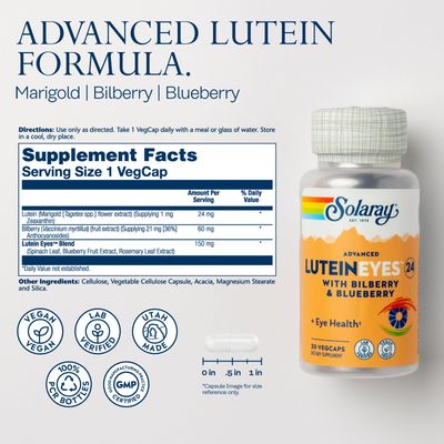 SOLARAY Advanced Lutein Eyes 24mg with Bilberry Extract and Blueberry Extract, Eye & Macular Health Support Supplement Supplying Zeaxanthin from Marigold, Vegan, 30 Servings, 30 VegCaps