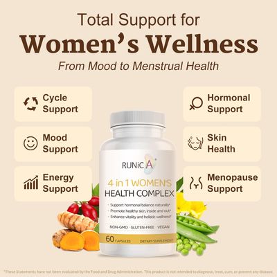 RUNICA 4-in-1 Women's Health Complex | Hormone Balance Vitamins for Women with Soy Isoflavones, Pueraria Mirifica, Evening Primrose, Rosehip | Perimenopause &amp; Menopause Support, 120 Vegan Capsules