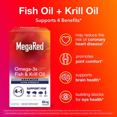 Megared Omega-3 Fish &amp; Krill Oil Supplement 900mg - MegaRed Advanced 4in1, 60 softgels, 2x More Omega-3, Heart, Joint, Brain and Eye Supplement, Red, 60 Count