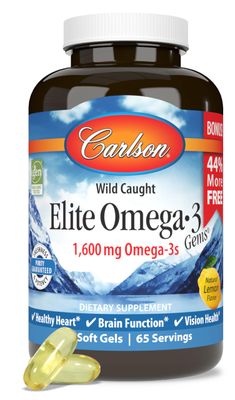 Carlson - Elite Omega-3 Gems, 1600 mg Omega-3 Fatty Acids Including EPA and DHA, Norwegian, Wild-Caught Fish Oil Supplement, Sustainably Sourced Omega 3 Fish Oil Capsules, Lemon, 130 Softgels
