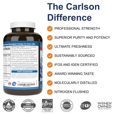 Carlson - Elite Omega-3 Gems, 1600 mg Omega-3 Fatty Acids Including EPA and DHA, Norwegian, Wild-Caught Fish Oil Supplement, Sustainably Sourced Omega 3 Fish Oil Capsules, Lemon, 130 Softgels