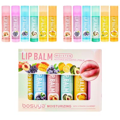 12 Pack Lip Balm Set Fruit Flavored 6Flavors Natural Lip Balm Bulk for Dry Cracked Lips Long Lasting Lip Care Products Anti Chapping Lip Moisturizers Travel Size Winter Anti-Crack Fruity