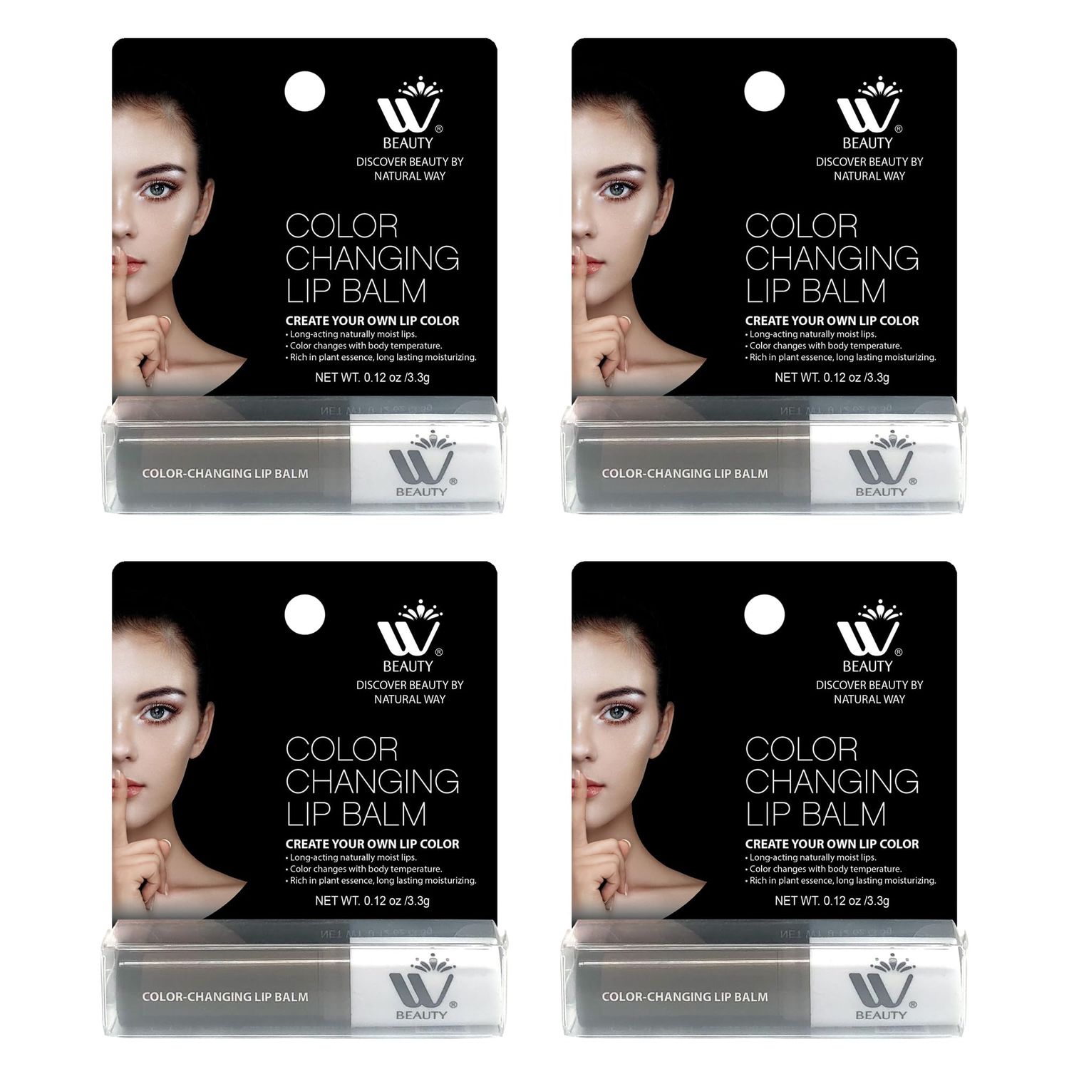 WBM Care Lip Balm 4-Pack, 3.3g Each - Enriched with Vitamin E, Color-Changing Tinted Moisturizer, Provides Long-Lasting Repair, Hydration, and Soft, Smooth Lips