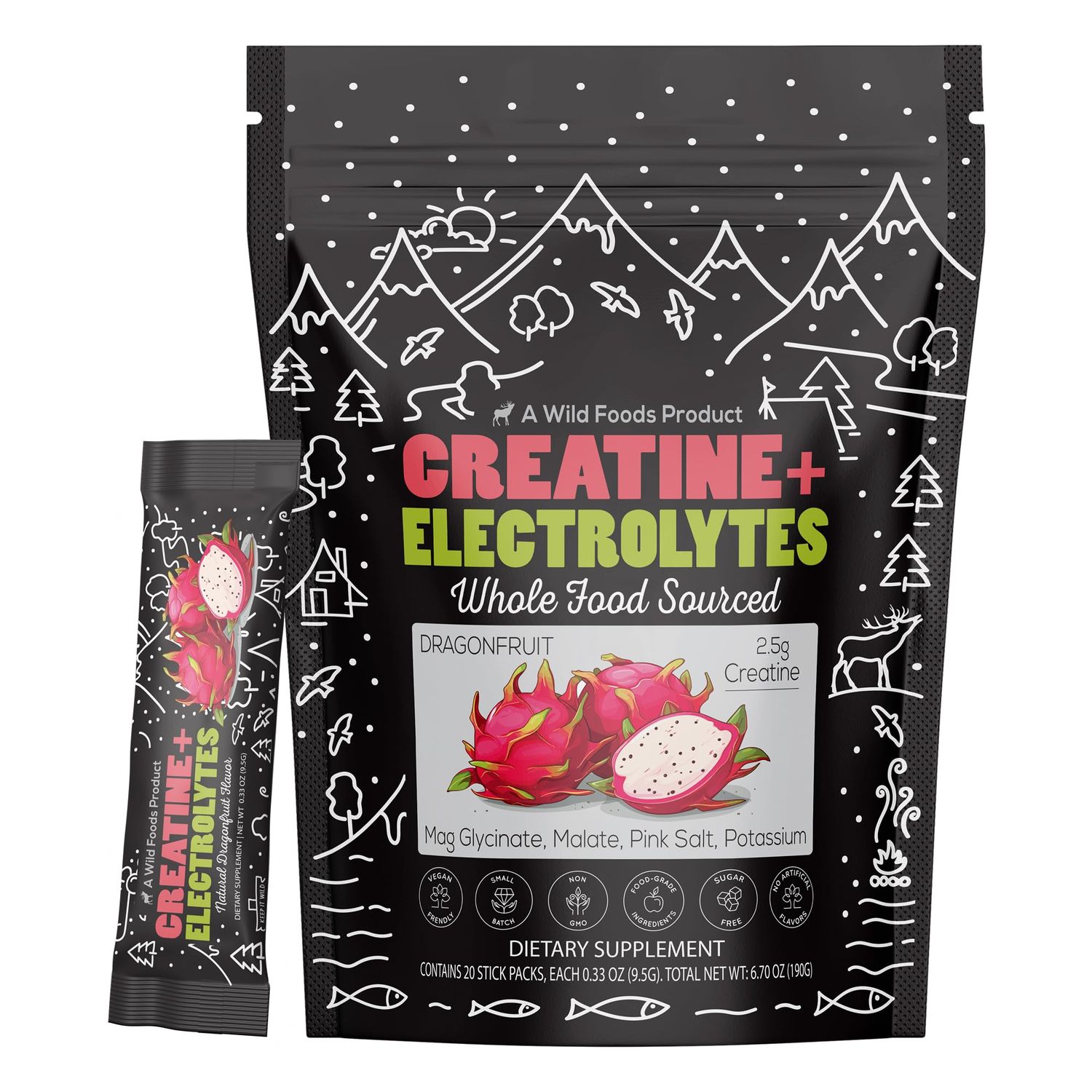 Wild Foods Creatine &amp; Electrolytes Powder Packets, Dragonfruit, 20 Hydration Packets (9.5 g/serv.), with Magnesium Glycinate, Malate, Pink Salt, Pre-Workout Muscle Performance &amp; Electrolyte Support