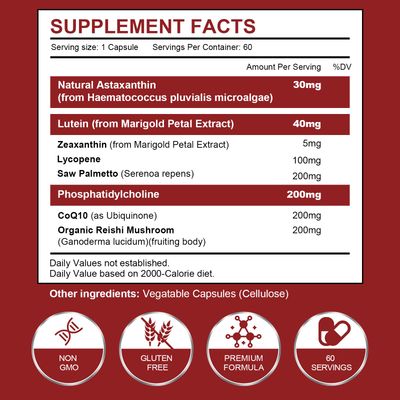 Spliferkou Astaxanthin and Lycopene 70mg, Astaxanthin Supplement with Phosphatidylcholine, Lutein and Zeaxanthin, Powerful Antioxidants Supplement Support for Skin, Eye and Joint Health (60 Capsules)