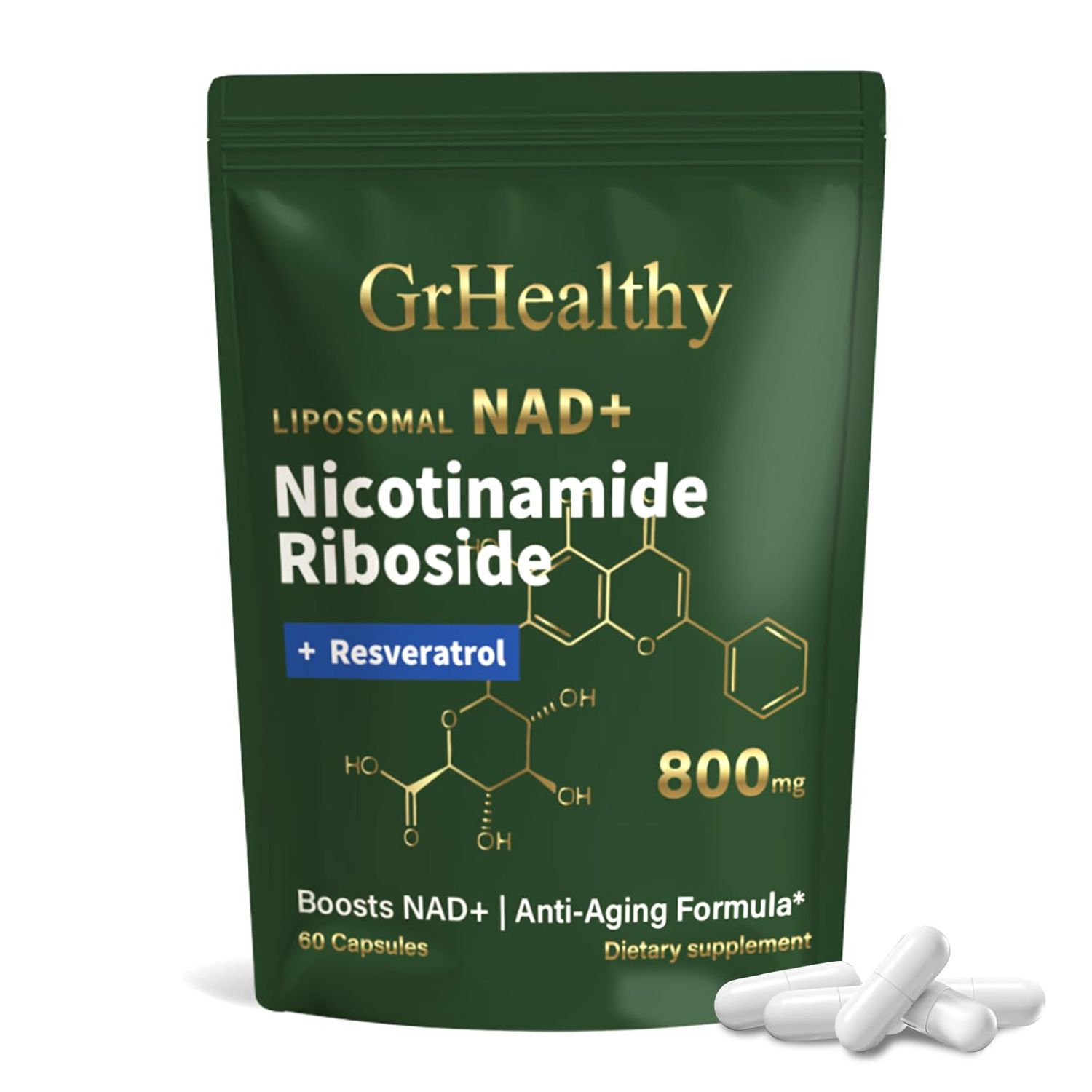 NMNH Supplement Alternative- Liposomal NAD Supplements for Women &amp; Man, High Purity NMN Supplement Alternative for Anti-Aging, Energy, Focus NAD Nicotinamide Riboside Resveratrol 800mg, 60 Capsules