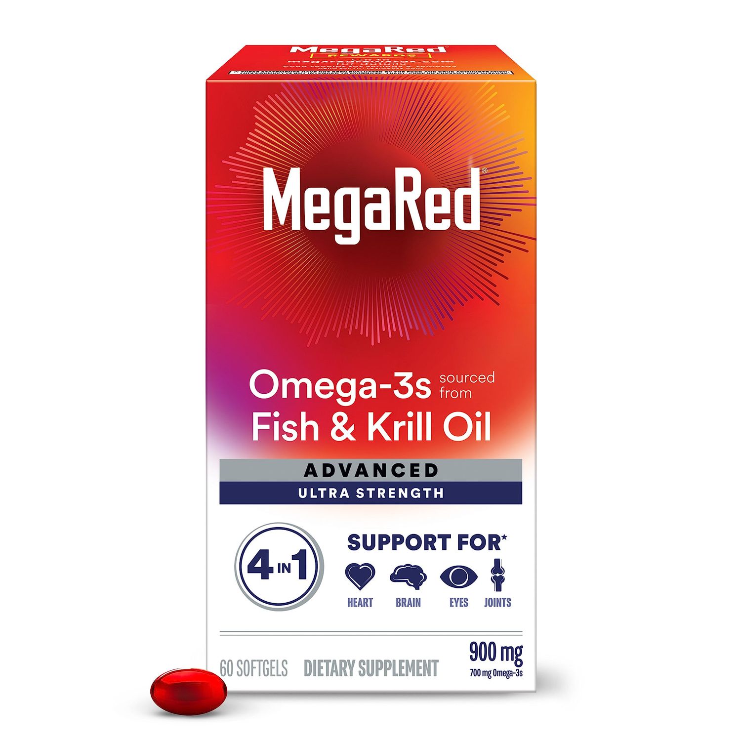 Megared Omega-3 Fish &amp; Krill Oil Supplement 900mg - MegaRed Advanced 4in1, 60 softgels, 2x More Omega-3, Heart, Joint, Brain and Eye Supplement, Red, 60 Count