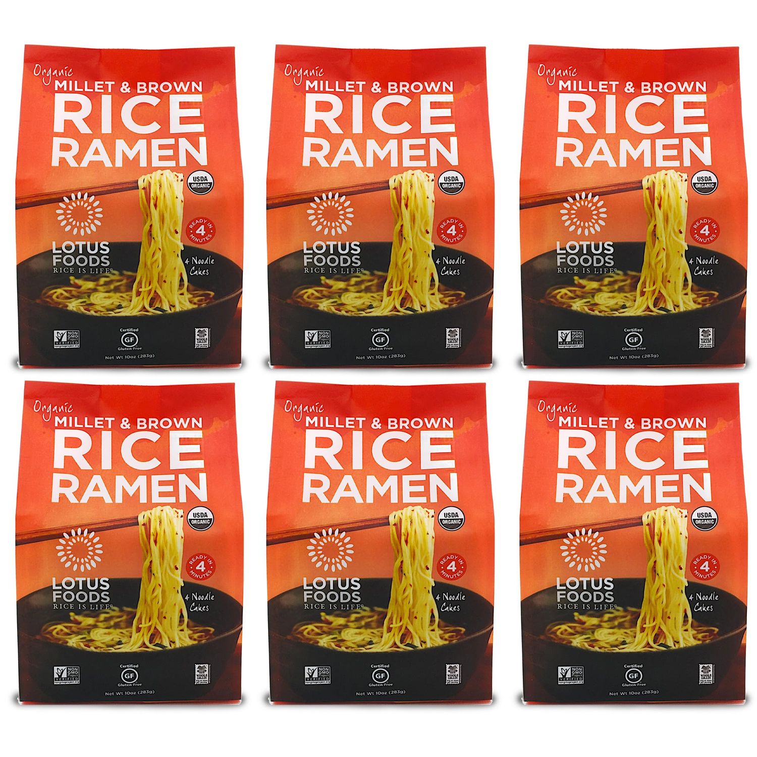 Lotus Foods Organic Millet &amp; Brown Rice Ramen - Gluten Free Rice Ramen, Whole Grain Ramen Noodles, Low Sodium Rice Noodles, USDA Organic, Gluten Free, Vegan - 10 Oz Bags (Pack of 6)