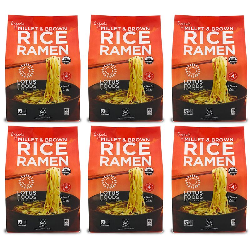 Lotus Foods Organic Millet &amp; Brown Rice Ramen - Gluten Free Rice Ramen, Whole Grain Ramen Noodles, Low Sodium Rice Noodles, USDA Organic, Gluten Free, Vegan - 10 Oz Bags (Pack of 6)