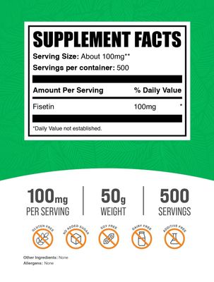 BulkSupplements.com Fisetin Powder - Nutritional Supplement, Fisetin 100mg, Antioxidants Source - Pure & Gluten Free, 100mg per Serving, 50g (1.8 oz) (Pack of 1)