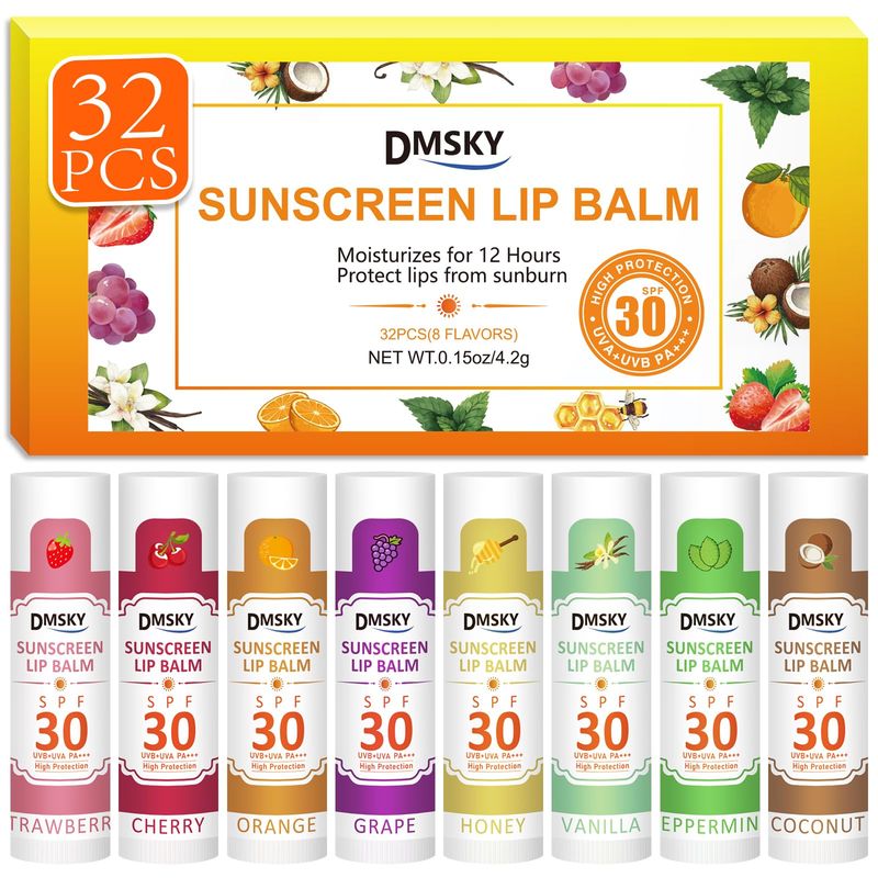 Dmsky 32 Pack Lip Balm BulkSPF 30 Lip Balm with Sunscreen,Hydrating Lip Balm Pack with Vitamin E and Coconut Oil- 8 Flavors, B-32 Count
