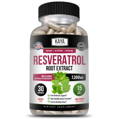 Kaya Naturals - Resveratrol Capsules - Anti Aging Supplement - Antioxidants with Brain Support - Maximum Benefits - 30 Veggies Capsules