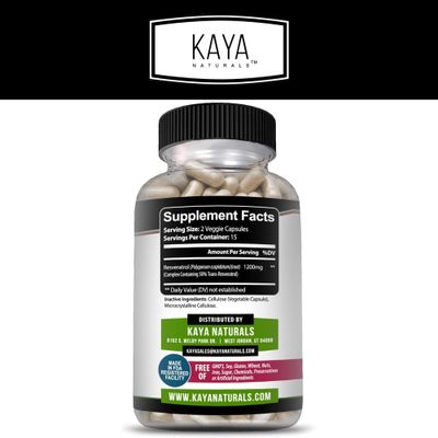 Kaya Naturals - Resveratrol Capsules - Anti Aging Supplement - Antioxidants with Brain Support - Maximum Benefits - 30 Veggies Capsules