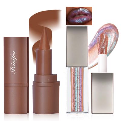 HOSAILY Glitter 2 in 1 Lip Liner and Chameleon Lip Gloss Combo, Gradient Light Brown Lipstick Plumping Lip Pencil Sparkly Liquid Lip Stain Set, Moisturizing Smooth High Shine Lip Combo Lip Makeup