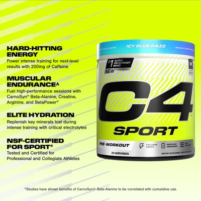 Cellucor C4 Sport Pre Workout Powder - NSF Certified for Sport - Elite Hydration - 200mg Caffeine Creatine Beta-Alanine - Electrolytes and Energy Supplement - ICY Blue Razz, 20 Servings