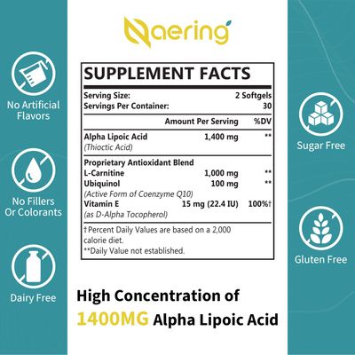 Naering Liposomal Alpha Lipoic Acid 1400mg Softgels, ALA Supplement with L-Carnitine 1000mg, Ubiquinol (Active CoQ10) 100mg and Vitamin E 10mg,Alpha-Lipoic Acid for Antioxidants, Energy 60 Softgels