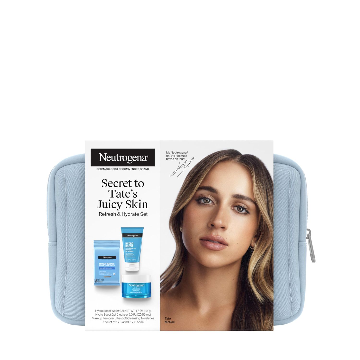 NEUTROGENA Refresh &amp; Hydrate Skin Care Set, Gift Set with Tate McRae&#39;s Must-Haves, Includes Makeup Remover Wipes, Gel Facial Cleanser, &amp; Water Gel Face Moisturizer, Travel Size, 3 Items