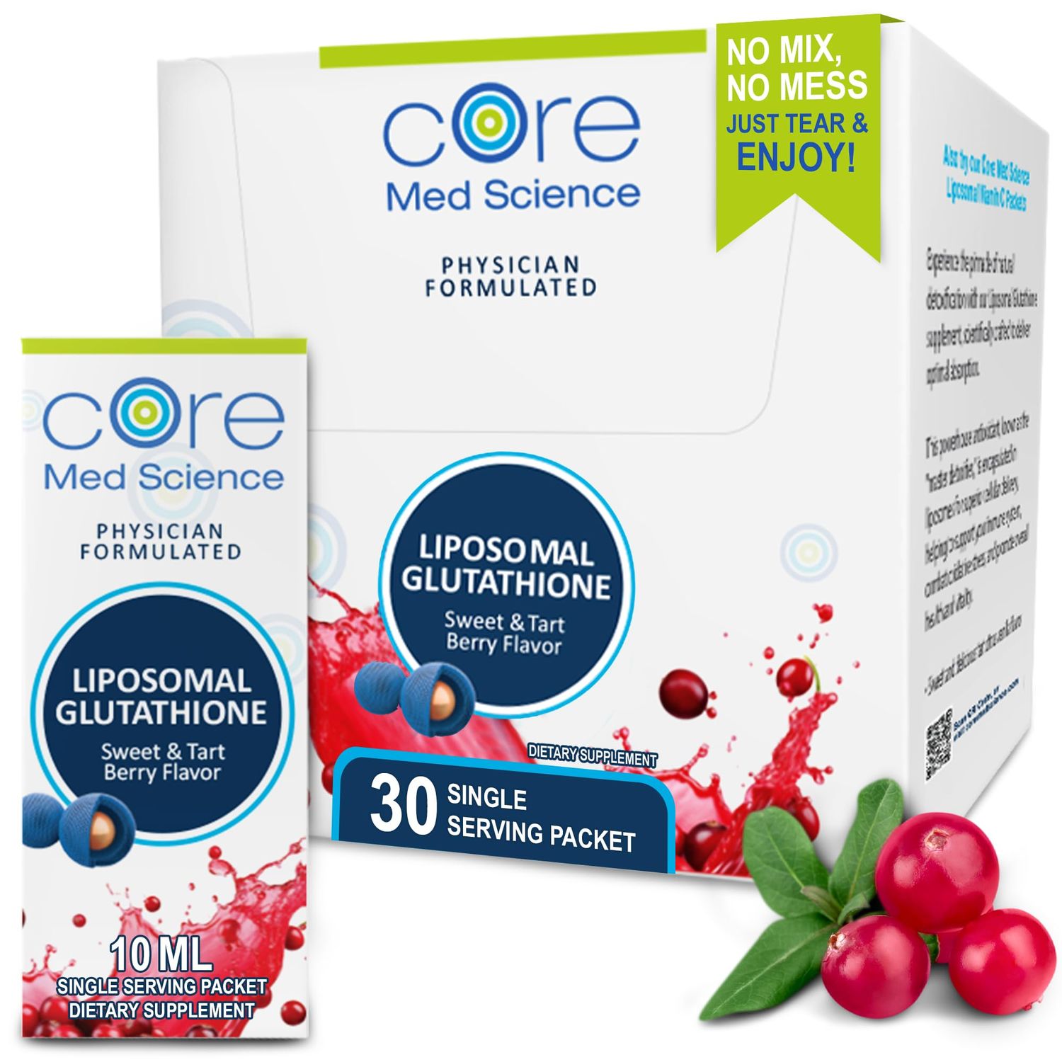 Core Med Science Liposomal Glutathione Supplement, Sweet &amp; Tart Berry - Glutathione Drink Mix for Detox Support - Antioxidant Supplement for Energy, Brain Health, Skin &amp; Liver Health - 30 Pack