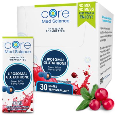 Core Med Science Liposomal Glutathione Supplement, Sweet &amp; Tart Berry - Glutathione Drink Mix for Detox Support - Antioxidant Supplement for Energy, Brain Health, Skin &amp; Liver Health - 30 Pack