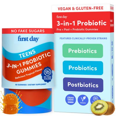 FIRST DAY Vitamins for Teens 3-in-1 Probiotic Gummies - Prebiotic Probiotic Postbiotic for Teens Girls &amp; Boys 12-17 - Skin Health, Digestive &amp; Oral Health, Immunity, Energy - 30-Day Supply