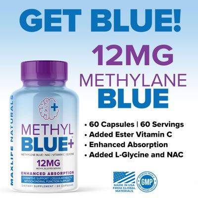 Methylene Blue Pharma Grade 12mg (USP Grade) with Enhanced Absorption Vitamin C Ester for Enhanced Antioxidant Activity | Glycine NAC Anti-Aging Support, Youth/Longevity Supplement - 60 Capsules
