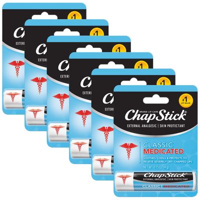 ChapStick Classic Medicated Lip Balm 6-Pack - External Analgesic, Skin Protectant for Dry Lips &amp; Cold Sore Pain Relief, 0.15 Oz Ea