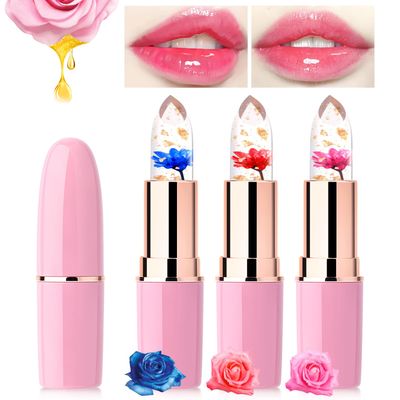 Likesing 3 Pieces Clear Lipstick Set, Pink Crystal Jelly Flower Color Changing Lipstick, Tinted Lip Balm Makeup Color Stay Lip Moisturizing Lip Stick Gift For Girls