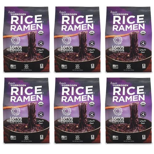 Lotus Foods Organic Forbidden Rice Ramen Noodles - Gluten Free Instant Ramen Noodles, Vegan, Low Sodium, Made with Black Rice Flour, Brown Rice Flour, White Rice Flour - 10 Oz Bags (Pack of 6)
