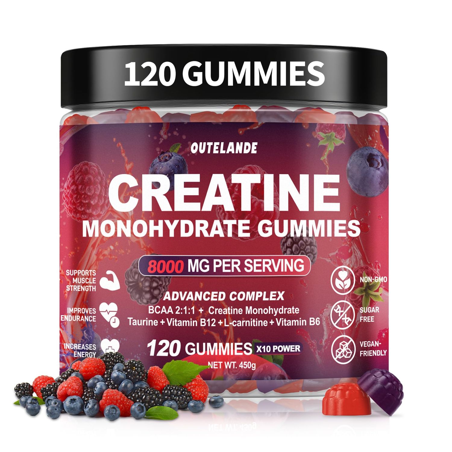 Creatine Monohydrate Gummies 8000 mg for Men &amp; Women, Creatine Supplement for Enhanced Muscle Growth, Energy Boost - with L-Taurine, Sugar Free, Vegan, Raspberry BlackBerry Blueberry Flavor-120 Count