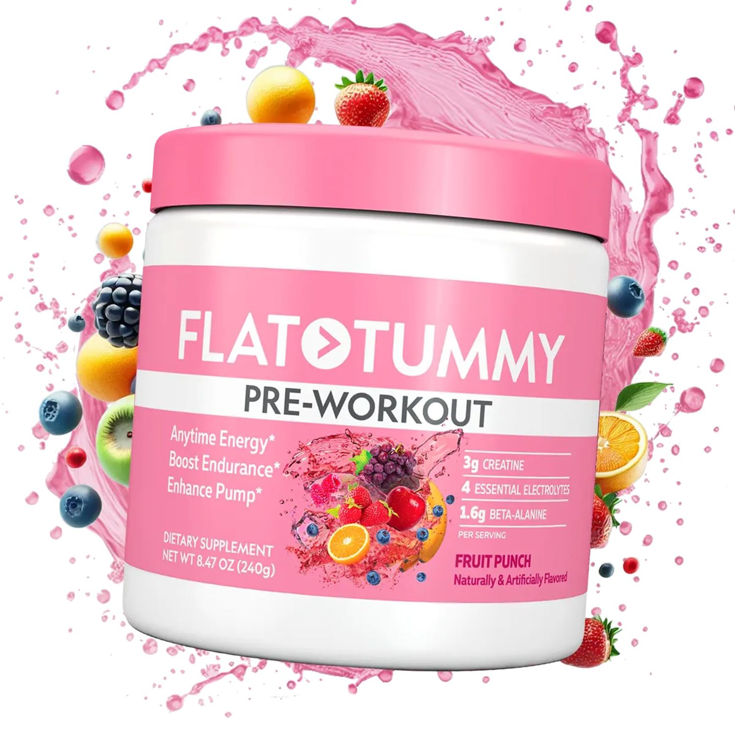 Flat Tummy Pre Workout Powder for Women - Energy, Endurance, and Muscle Support with 3g Creatine, 1.6g Beta-Alanine, Electrolytes - Fruit Punch Flavor - 30 Servings