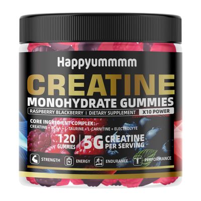 Happyummmm Creatine Monohydrate Gummies 5g for Men &amp; Women, Preworkout Gummy with Electrolyte, BCAA, L-Carnitine, Taurine for Muscle Growth, Strength &amp; Energy Support, Raspberry &amp; BlackBerry 120 pcs
