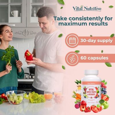 Vital Super Fruits &amp; Veggies - Daily Superfood Capsules for Adults - Fruit and Veggies Supplement to Boost Immunity &amp; Energy - 2-in-1 Formula for Overall Wellness - Fruit and Vegetable Capsules
