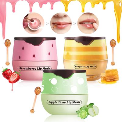 3 Pcs Honey Lip Balm, Strawberry Apple Lip Mask, Moisturizing Lip Sleeping Mask, Hydrate Repair Prevent Dry Cracked Lip (Strawberry Honey Apple Lip Balm)