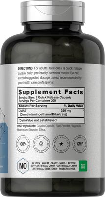 Horbaach DMAE Supplement | 250mg | 200 Capsules | Non-GMO, Gluten Free | DMAE Bitartrate