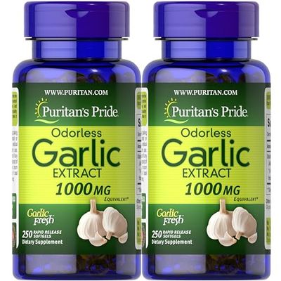 Puritan&#39;s Pride Premium Odorless Garlic (1000mg Equivalent), Traditional Dietary Supplement for Heart Health and Circulation Support with Antioxidant Properties, 250 Rapid Release Softgels, 2 Pack