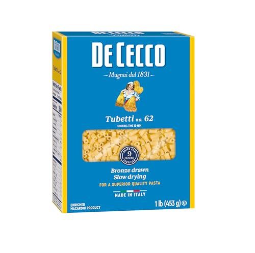 De Cecco Pasta, Tubetti No.62, Made in Italy, High in Proteing &amp; Iron, Bronze Die, 16 Ounce (Pack of 5)