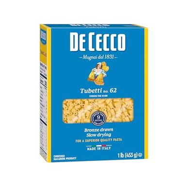 De Cecco Pasta, Tubetti No.62, Made in Italy, High in Proteing &amp; Iron, Bronze Die, 16 Ounce (Pack of 5)