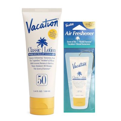 Vacation Classic Sunscreen Lotion SPF 50 &amp; Air Freshener Bundle, Water-Resistant, Lightweight, Transparent on All Skin Tones, Dermatologist-Tested, Vegan, Travel Size, 3.4 Fl. Oz.