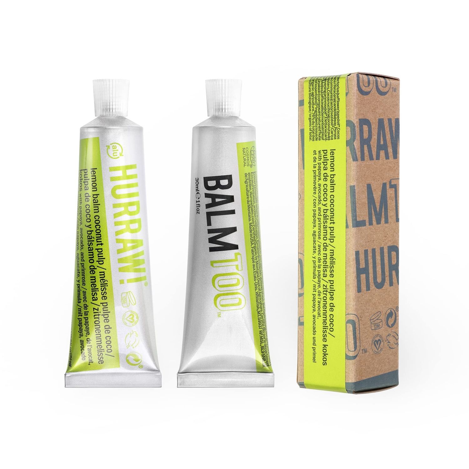 Hurraw! Balmtoo Squeezable Balm, Lemon Balm Coconut Pulp: Ultra-moisturizing. Anywhere application. Body, face, lips, neck, fingers, toes. 1 tube 7 sticks of lip balm. Natural, Organic. Made in USA