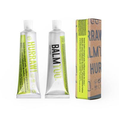 Hurraw! Balmtoo Squeezable Balm, Lemon Balm Coconut Pulp: Ultra-moisturizing. Anywhere application. Body, face, lips, neck, fingers, toes. 1 tube 7 sticks of lip balm. Natural, Organic. Made in USA