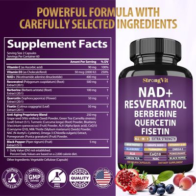 NAD Supplement with Resveratrol, Quercetin, Berberine, Fisetin, CoQ10. Anti-Aging Formula for Women & Men. Nicotinamide Riboside NR or Liposomal NAD, NAD Booster plus, Organic Vitamin (120 Capsules)