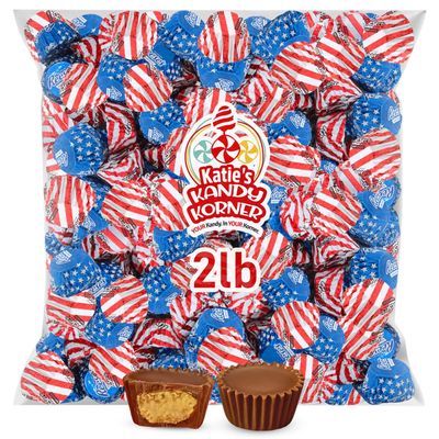 July 4th Peanut Butter Cups, 2lb pack of Bulk Chocolate Candy Individually Wrapped, Red White Blue Candy for Festivities and More, Perfect for 4th of July Celebrations and Summer Parties