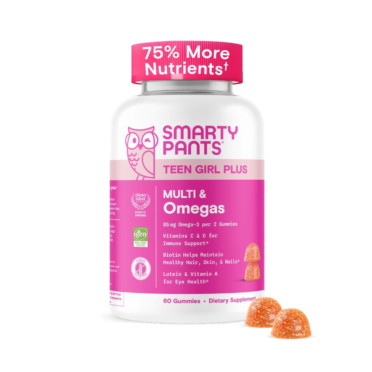 SmartyPants Teen Girl Multivitamin Gummies - Improved Formula: Omega 3 (DHA/EPA), Vitamin C, D3, B12, Vitamin A, K &amp; Zinc, Biotin to Support Hair, Skin &amp; Nails, Gluten Free, 60 Count (30 Day Supply)