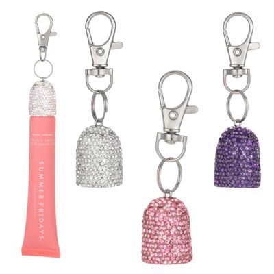 3pcs Lip Balm Keychain Holder Bling Lip Gloss Key Chain Cap Portable Lipgloss Case Compatible with Summer Fridays 0.5oz &amp; LANGIGE 0.35oz(WhitePinkPurple)